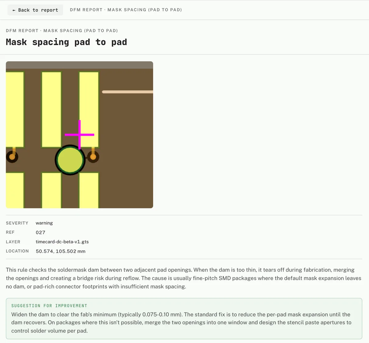 DECODE DFM finding: mask spacing pad to pad, pinpointed on the top solder mask with severity, reference, layer, location and a suggested fix